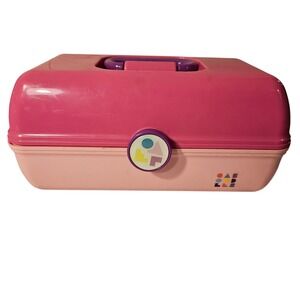 Caboodles Vintage Pink & Light Pink Train Case Cosmetic Makeup Organizer Handle